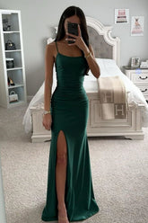 Dark Green Spaghetti Straps Long Mermaid Satin Prom Dress With Slit
